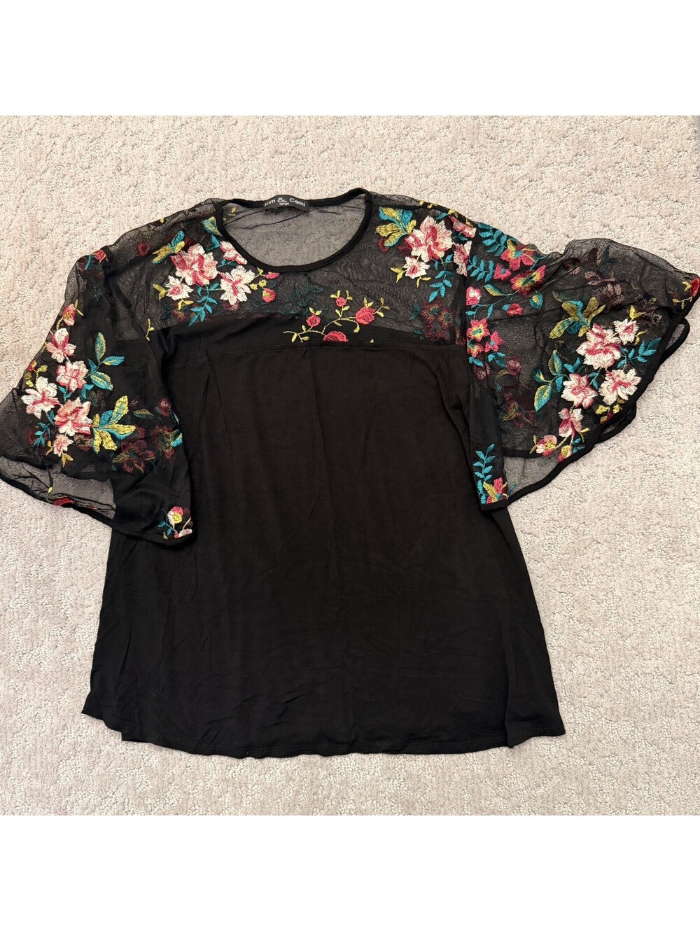 Kim & Cami Women’s Size L Floral Embroided Blouse Black Floral Sheer Sleeves